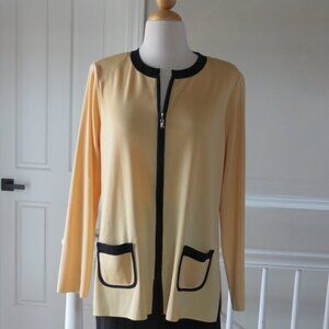 Exclusively Misook Size Small Light Yellow Black Trim Long Sleeve Zip Up Sweater
